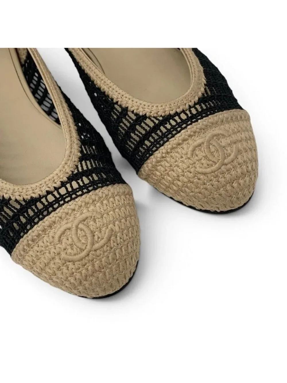 Chanel Flat Shoes Raffia Beige Black Ballerina CC Logo Ballet